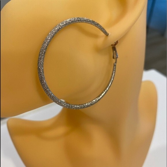 Silver Hoop Shimmer Earring’s 2” diameter Spring back closure - Picture 6 of 9